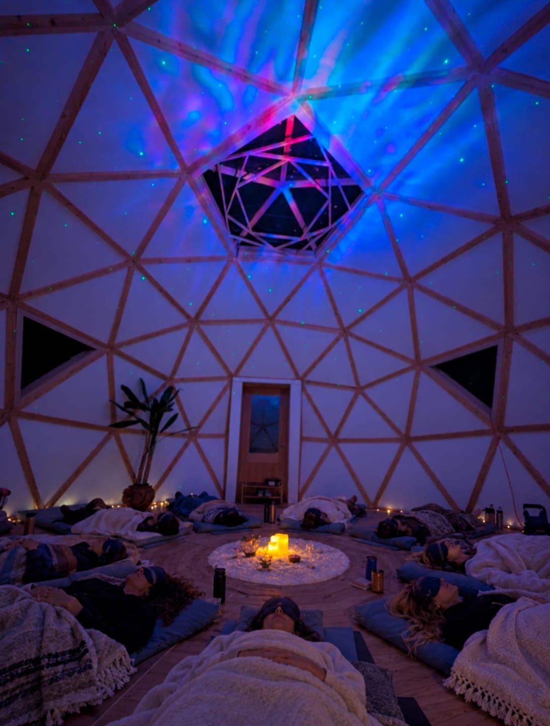Séance de Rebirth Breathwork dans le dôme : participants allongés sous des couvertures, masques sur les yeux, autour de bougies, sous un ciel étoilé projeté